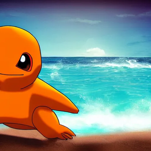 Image similar to charmander ~ water powers ~ realistic ~ blue color ~ ocean background ~