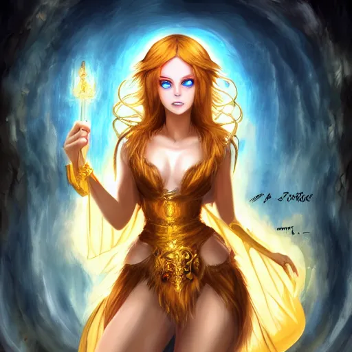 Image similar to seductive divine goddess with bright blue eyes and golden robe in a dark cave, digital art dnd beyond trending on art station,