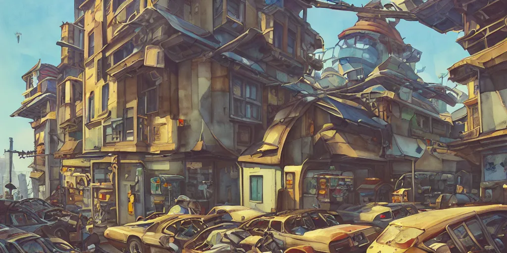 Prompt: overwatch building, stylized, exterior, architecture, in watercolor gouache detailed paintings, insanely detail, artstation, 8 k, futuristic, big medium small, arcane, simon stalenhag, food stall, interesting shapes & form, golden ratio, megastructures, vitaly bulgarov, slums, junkyard, oriental, asian, japanese alleyway