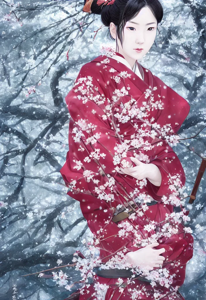Image similar to detailed portrait of girl samurai in hakama with swords and rifles, in snow forest sakura cherry blossom, taisho roman, by wlop and krenz kushart, elite, elegant, luxury, perfect face, fine details, realistic shaded, fine - face, pretty face