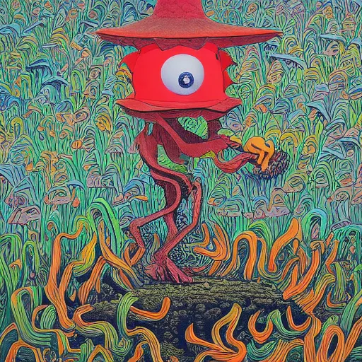 Image similar to safety cones scattered around an oak tree forest, man in muppet sasquatch sri lankan mask costume dancing in the distance, by james jean, miyazaki, hyper detailed surrealist painting