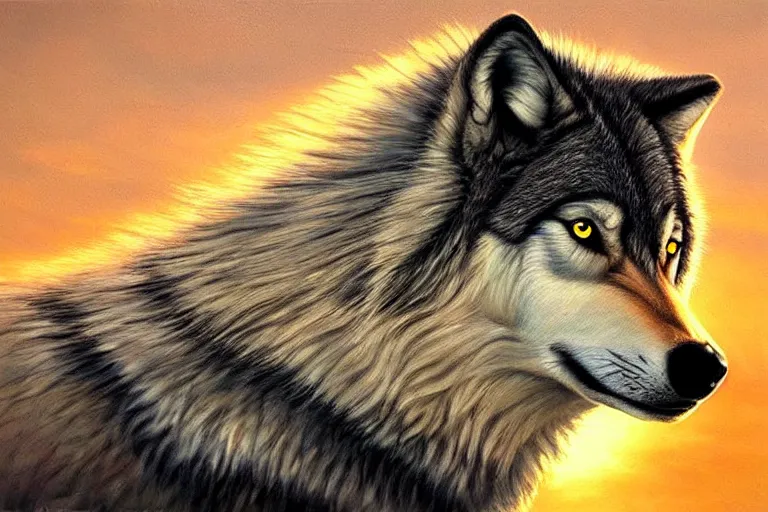 Image similar to wolf, fantasy, painting, ultra realistic!!!, clear weather, golden hour, sharp focus