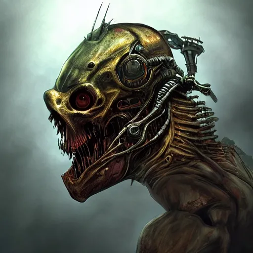 Prompt: pixiv, gruesome, sci - fi, polychaeta, undead cyborg head, doom, rat, reptile, red, white