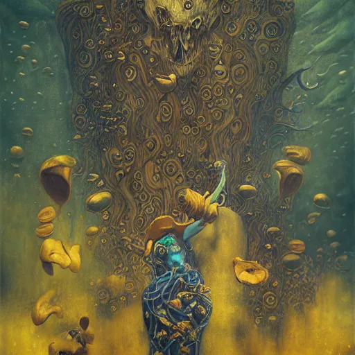 Image similar to wetplate photography of yellow jester playing mystical tunes underwater with one wing hungry souls around by Klimt, Artificial Nightmares drawn by Peter Mohrbacher, Zdzisław Beksiński and thu berchs James Gurney unreal engine octane, Trending on artstation.