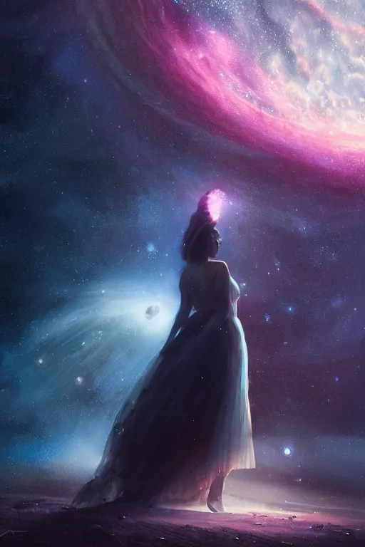Image similar to a woman, wearing a dress made of stars and nebulae, dramatic, volumetric lighting, planets in the background, smooth, sharp focus, very detailed, by greg rutkowski, artstation, tom badshaw, 8 k, symmetrical face