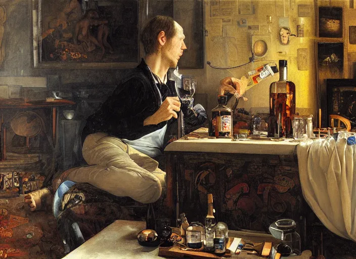 Image similar to an exhausted painter in his studio with a bottle of whisky painting a self portrait, by edgar maxence and caravaggio and michael whelan and delacroix style, artistic, intricate drawing, cinematic lighting, hyper realistic, extremely detailed, establishing shot, 8 k resolution, dramatic lighting