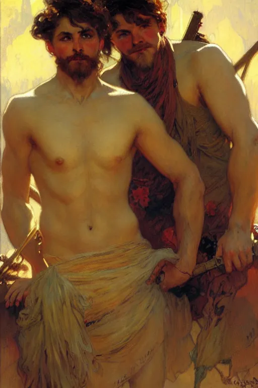 Image similar to 2 attractive male, painting by gaston bussiere, craig mullins, greg rutkowski, alphonse mucha