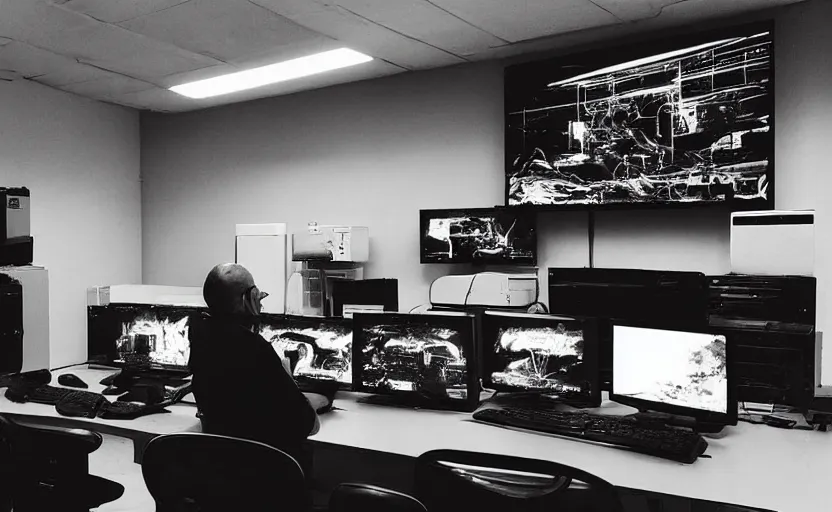 Prompt: “A room full of electronic equipment with wires and tv screens and audio meters and voltage meters. Man is sitting in front of a computer monitor and watching a bright explosion and fire and smoke coming out of the monitor. Dark, intricate, highly detailed, smooth, in style of Mike Savad”