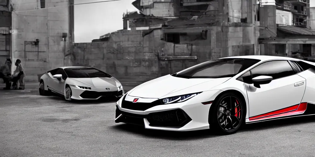 Prompt: a honda civic in the shape of lamborghini huracan car, car photography, car design