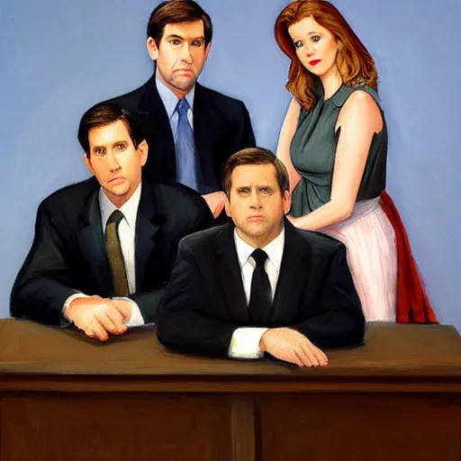 Image similar to the cast of the office, steve carell, jenna fischer, john krasinski, rainn wilson, portrait painting by edward hopper