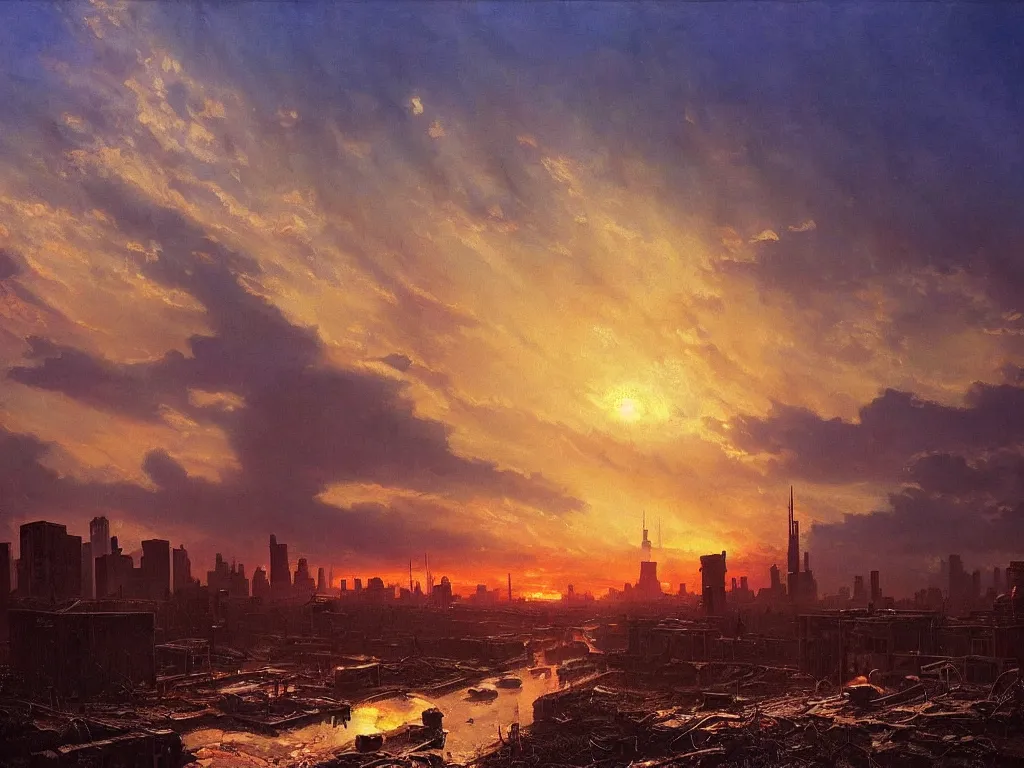 Image similar to a post apocalyptic chicago after a nuclear war, beautiful radioactive sunset lighting, beautiful painting, fallout video game, painted by albert bierstadt