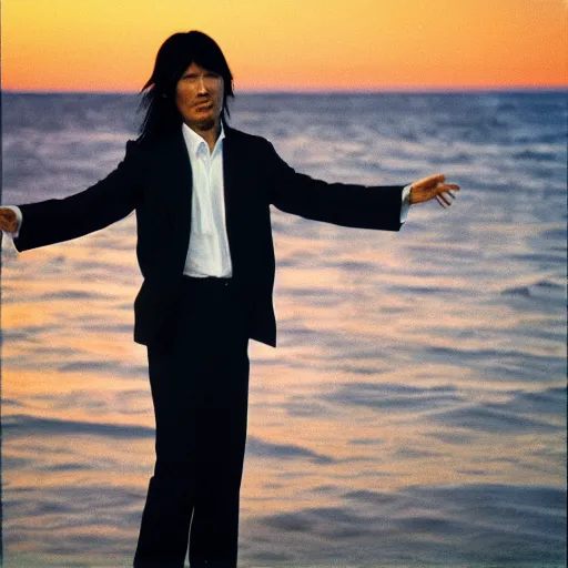 Image similar to japanese man with long hair in a suit standing in the ocean pointing at the camera, sunset, album cover, 1980