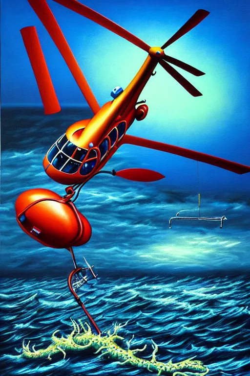 Image similar to a hyperrealistic painting of a helicopter being dragged into the water be sea creature, cinematic horror by chris cunningham, lisa frank, richard corben, highly detailed, vivid color,