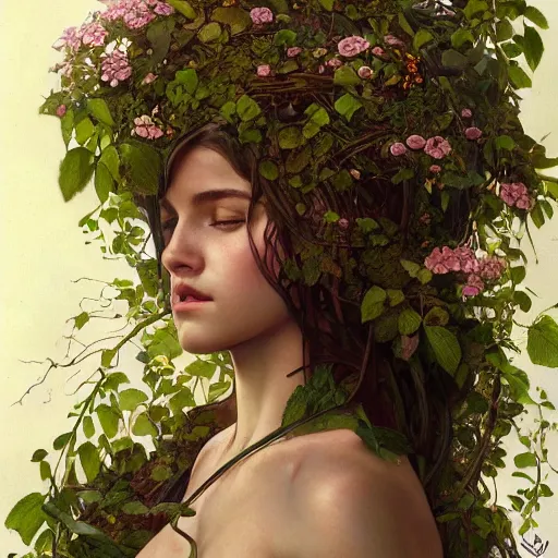 Image similar to a gorgeous young woman covered in plants, flowers and vine being one with her body, human plant hybrid, nature, intricate, headshot, highly detailed, digital painting, artstation, concept art, sharp focus, cinematic lighting, illustration, art by artgerm and greg rutkowski, alphonse mucha, cgsociety