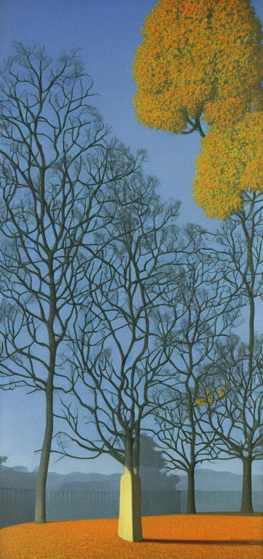 Image similar to Park on an Autumn night by Rene Magritte. Long surreal shadows. Blue.