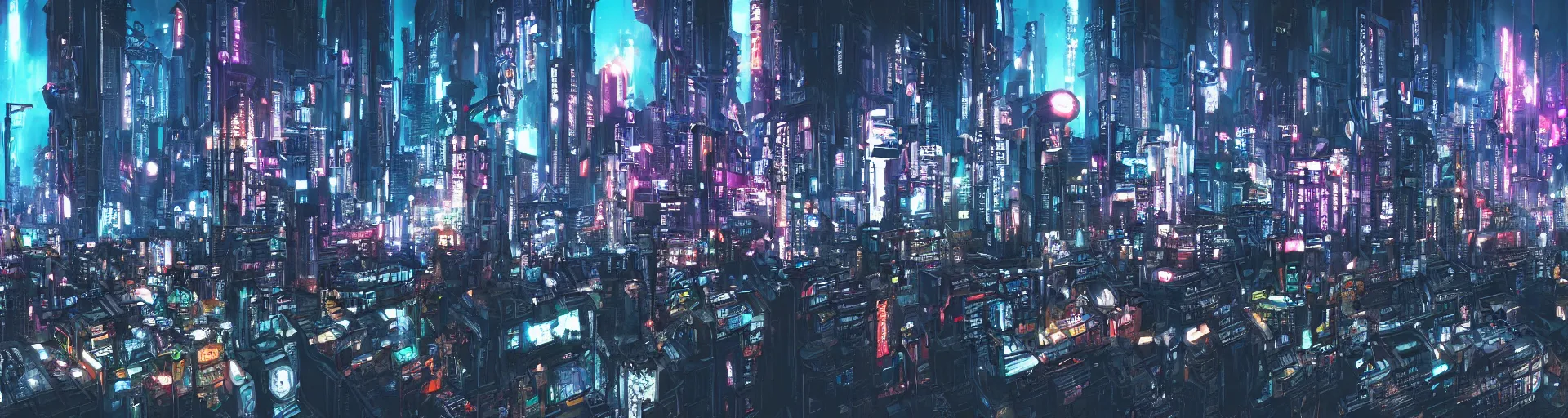 Prompt: a panorama image of a cyberpunk city scene