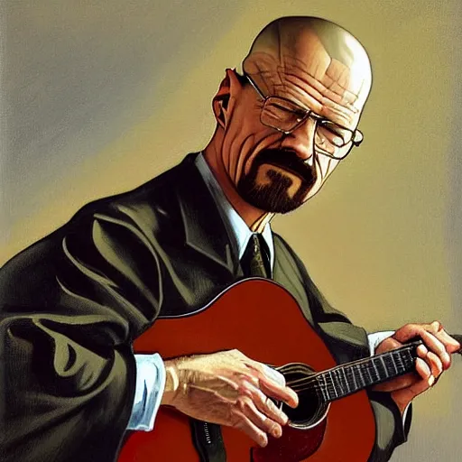 Image similar to painting of walter white as robbie basho the influential folk blues and fingerstyle guitar player, painted by leyendecker