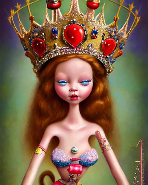 Image similar to closeup profile portrait of a tin toy fairytale princess wearing a crown and sitting on a throne, bikini, hyper realistic, artstation, illustration, concept art by nicoletta ceccoli, mark ryden, lostfish, dan decarlo, bob clampett, max fleischer, digital paint, matte paint, vivid colors, bright, cheerful, detailed and intricate environment