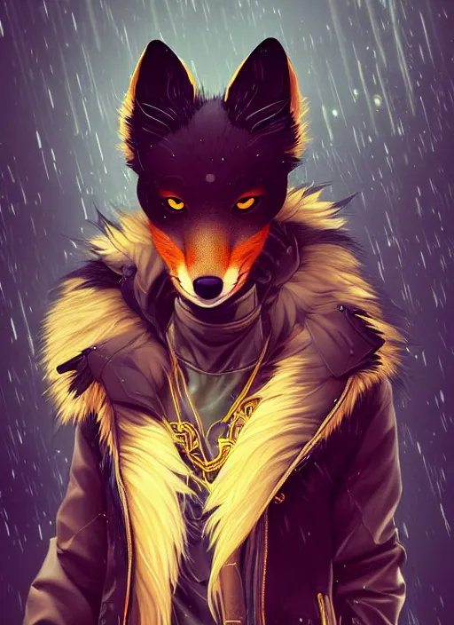 Image similar to award winning beautiful portrait commission of a male furry anthro melanated fox fursona with a tail and a cute beautiful attractive detailed furry face wearing stylish black and gold cyberpunk clothes in a cyberpunk city at night while it rains. Character design by charlie bowater, ross tran, artgerm, and makoto shinkai, detailed, inked, western comic book art