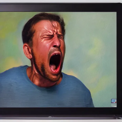 Image similar to an angry man yells at his computer monitor, oil on canvas, highly detailed, high resolution