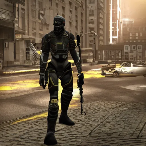 Image similar to cinematic shot of a half-life combine soldier standing in a city, 8k, very intricate, very detailed,