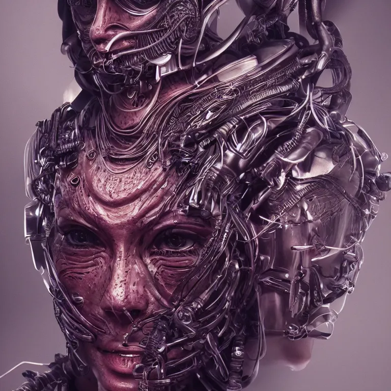 Image similar to surreal spinal ribbed tribal exotic organic face portrait of a cyberpunk fighter, beautiful detailed intricate insanely detailed 3D render digital art, octane render, 8K artistic photography, photorealistic, neon lights