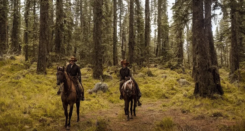 Image similar to First official image from Alejandro Landes' new western film Moss and Lead. Filmed by Jasper Wolf on ALEXA Mini, Vantage One T1 lens in Oregon's Siuslaw National Forest. Starring Gleeson. Cinematography, contrast, nighttime.