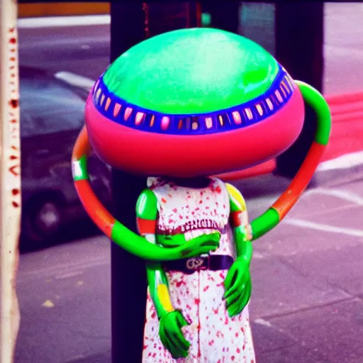 Image similar to colourful, friendly, happy, flowery, existential alien from the movie alien at a bus stop in new york, 3 5 mm lens.