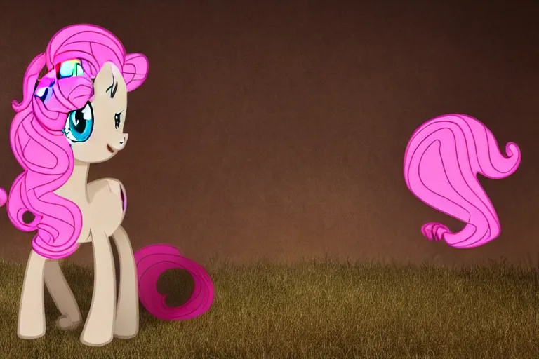 Image similar to Pinkie Pie equine, back towards camera, facing away, professional photography and mood lighting, equine photo, sitting down, flowing mane and tail, relaxed expression