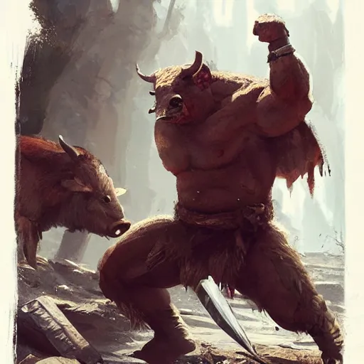 Prompt: barbarian fist fight wild boar, 8 k, trending on by tooth wu and greg rutkowski