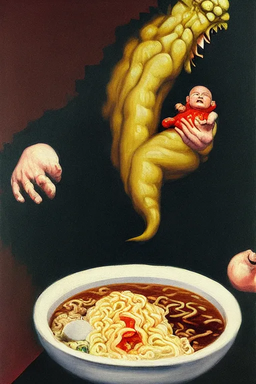 Image similar to evil human giant baby godzilla eating a huge bowl of ramen in new york city, hauntingly surreal, highly detailed painting by francis bacon, edward hopper, adrian ghenie, gerhard richter, and james jean soft light 4 k,