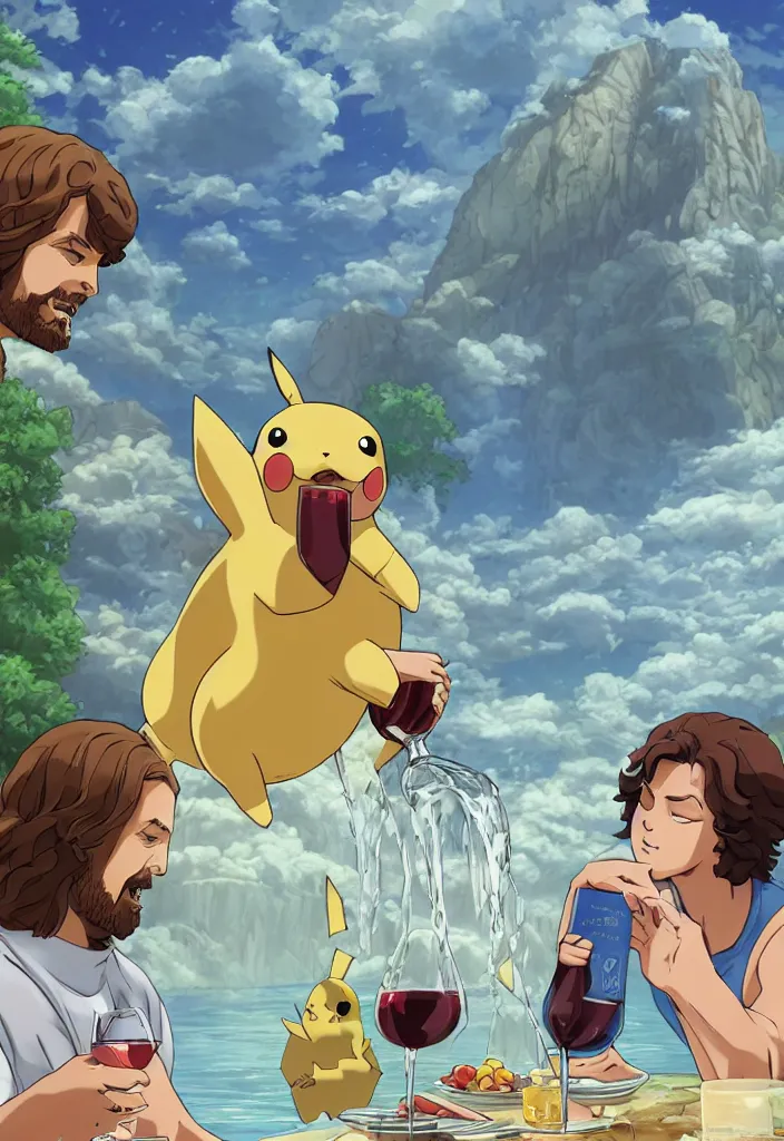 Prompt: a portrait of jesus turning water in wine, pikachu enjoying wine by dan mumford, yusuke murata and makoto shinkai, 8 k, cel shaded, unreal engine, featured on artstation, pixiv