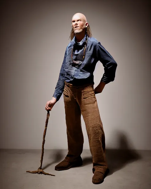 Image similar to an award - winning photo of an ancient male model wearing a plain boot cut flared distressed medieval designer menswear trousers designed by alexander mcqueen, 4 k, studio lighting, wide angle lens, 2 0 0 4