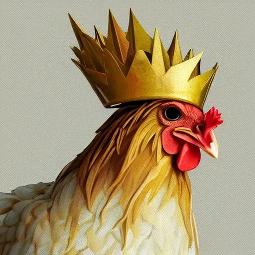 Prompt: a chicken animal wearing a small chicken-sized golden crown on its head. Against a white background. By Makoto Shinkai, Stanley Artgerm Lau, WLOP, Rossdraws, James Jean, Andrei Riabovitchev, Marc Simonetti, krenz cushart, Sakimichan, trending on ArtStation, digital art. Animal photo.