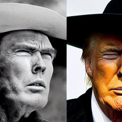 Image similar to donald trump as clint eastwood squinting at high noon in the style of a clint eastwood movie, the good, the bad and the ugly, clint eastwood, steven seagal, bud spencer, donald trump, glory days, american flag, patriotism