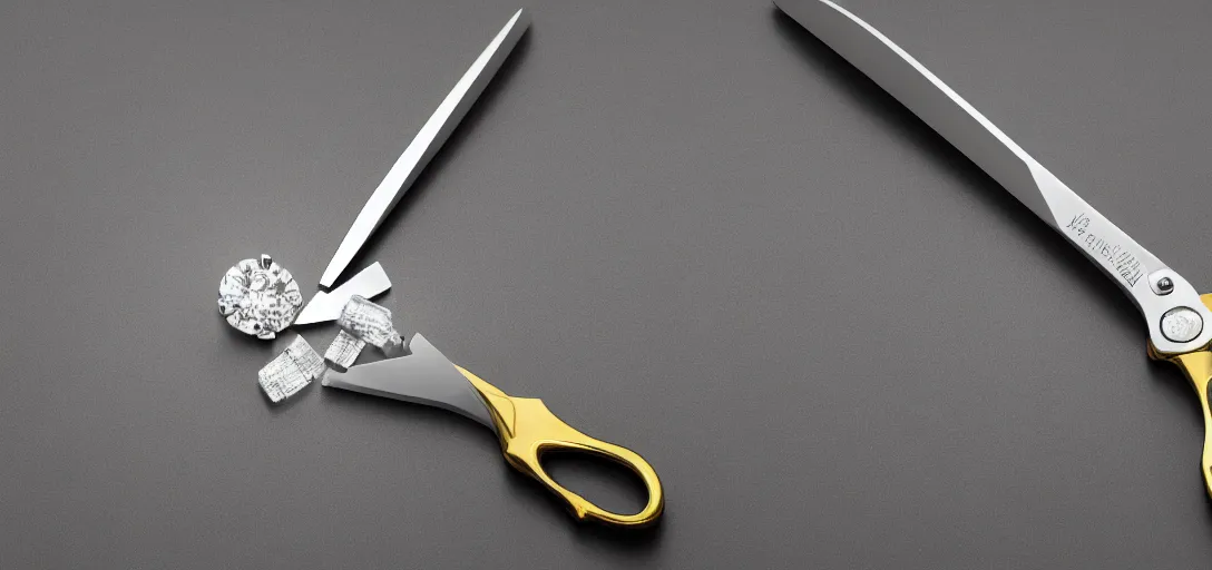 Prompt: a logo of a diamond being cut by golden tailor scissors, 8k