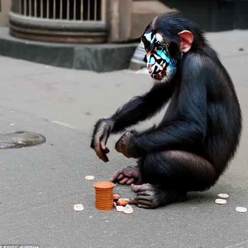 Image similar to a 5 0 mm photo of a chimpanzee picking up pennies on a street in manhattan, breathtaking, detailed and intricate environment, hyperrealistic