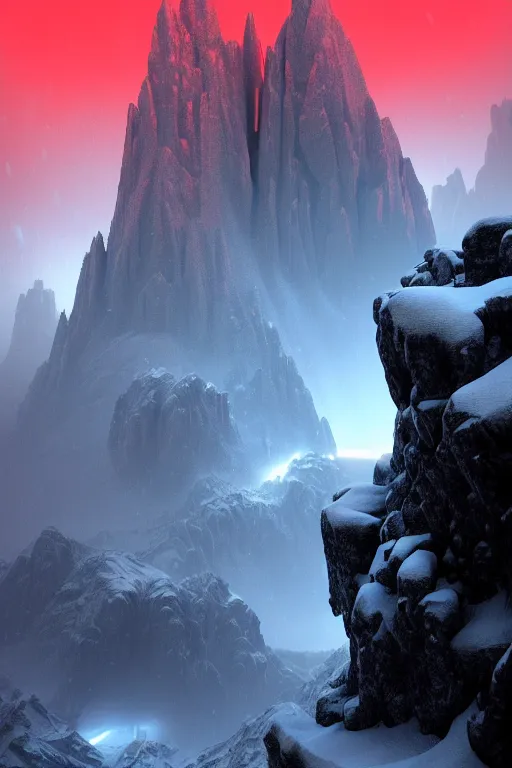 Image similar to futuristic atmosphere in the snowy mountains dolomites 3 d concept art, cinematic lighting, red neon laser, rule of thirds, depth of field, intricate details, building by zaha hadid, stormy snowing weather, emissary space by arthur haas and bruce pennington and john schoenherr, cinematic matte painting, dark moody colors, trending on artstation, featured on behance