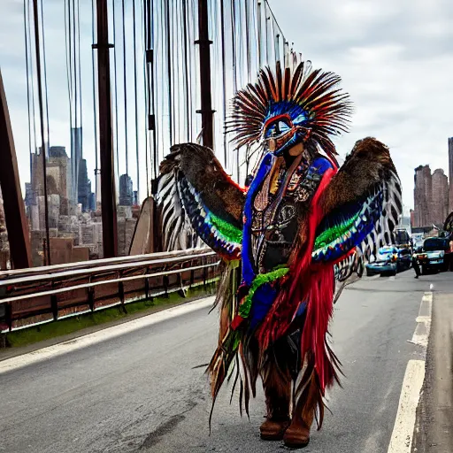 Prompt: an indigenous shaman dressed with a quetzalcoatl feathered serpent riding a feathered serpent in manhattan bridge