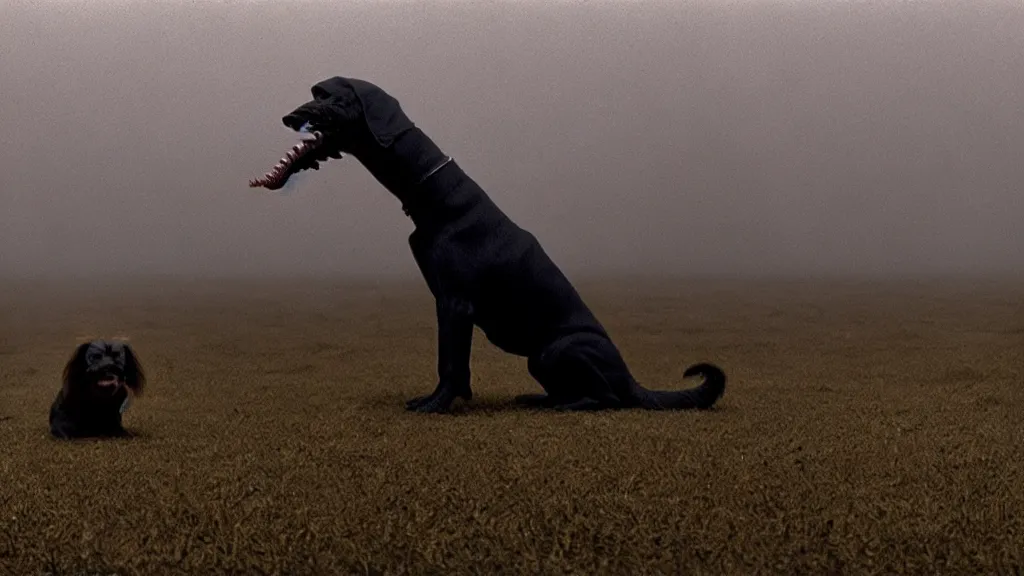 Image similar to the strange dog who sneers, film still from the movie directed by denis villeneuve and david cronenberg with art direction by salvador dali and zdzisław beksinski, wide lens