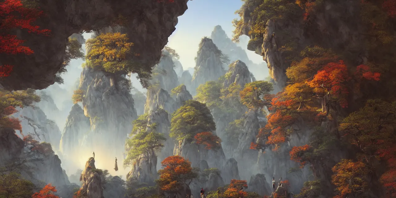 Prompt: huangshan with levitating stones in zero gravity, no trees, karst pillars forest, taoist temples and monks, human presence, artwork by ansel adams, odd nerdrum, hokusai, artstation, scifi, hd, wide angle, viewed from within a stone grotto, autumnal, sunset volumetric lighting