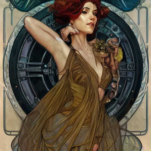 Image similar to a dieselpunk painting in the style of donato giancola, and in the style of charlie bowater, and in the style of alphonse mucha. symmetry, smooth, sharp focus, semi - realism, intricate detail.