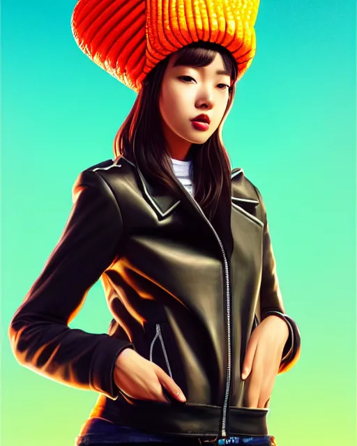 Image similar to pineapple girl wearing a candy hat and leather jacket, fine detail!! anime!! realistic shaded lighting!!, kim hyun joo, digital painting by ilya kuvshinov, magali villeneuve, artgerm, jeremy lipkin and michael garmash and rob rey