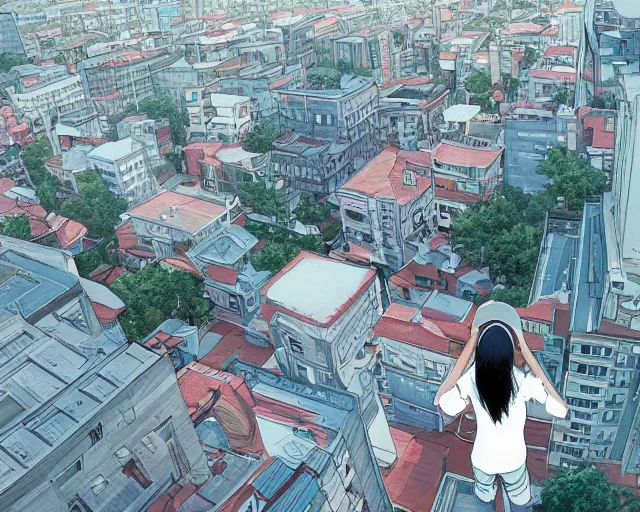Prompt: teen standing on the roof of a building, bird eye view, fisheye view, illustration, by pine ( ハイネ ) and 薯 子 imoko and 香 川 悠 作 and wlop and maya takamura, highly detailed, trending artstation, pixiv, digital art