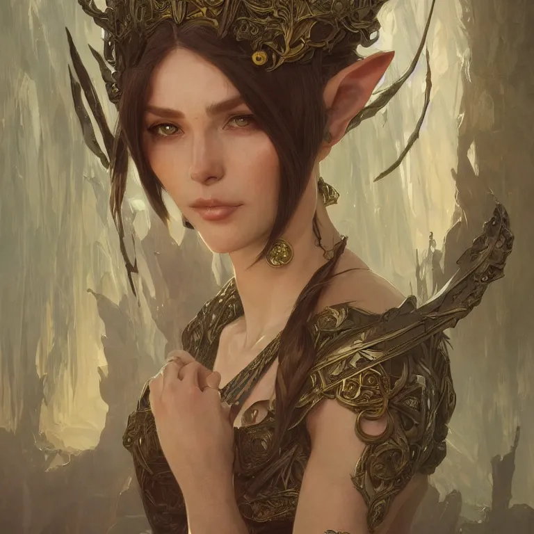 Image similar to portrait of an elf queen, D&D, fantasy, highly detailed, digital painting, artstation, concept art, smooth, sharp focus, illustration, art by greg rutkowski and alphonse mucha