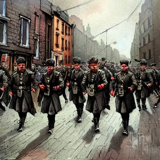 Prompt: Irish soldiers marching down the street in Dublin in 1916, by Marc Simonetti