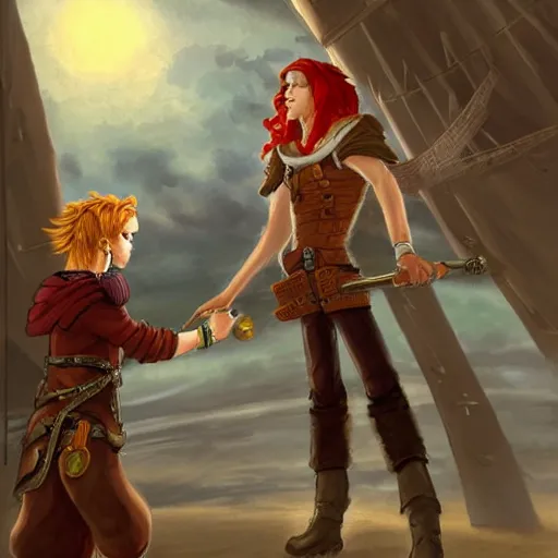 Image similar to A sky-pirate with long red hair meeting a young boy thief with blonde hair on an airship, epic fantasy art style