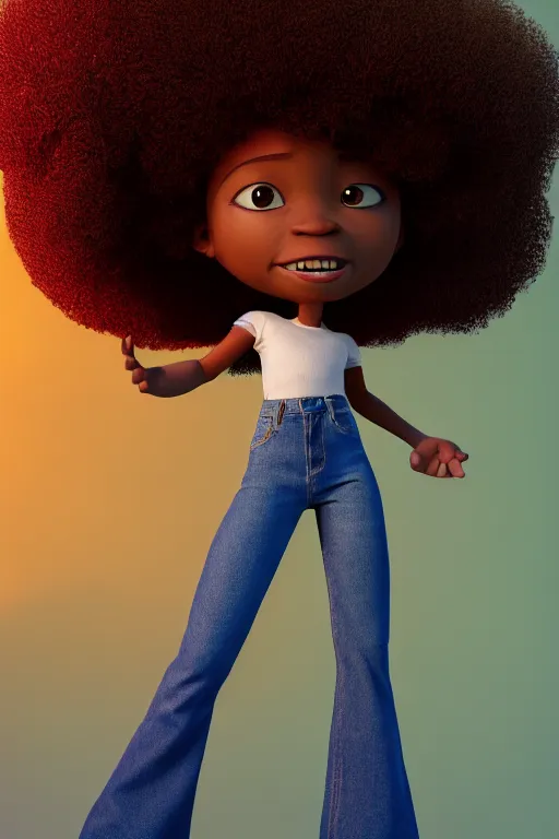 Prompt: a centered render of a super cool afro girl from the seventies wearing flares, by dreamworks, by pixar, by viktoria gavrilenko, by leticia gillett, octane render, perfect face, 3 d, 8 k