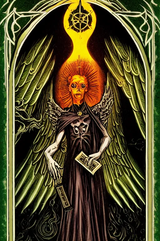 Image similar to dlsr photo of the tarot card illustration of an envoked dark angel holding a book of necronomicon, symmetrical, cinematic, sharp focus, 4 k, ultra hd, sense of awe, sinister demonic atmosphere, dreadful, forbidden knowledge, old gods. demonology journal cover