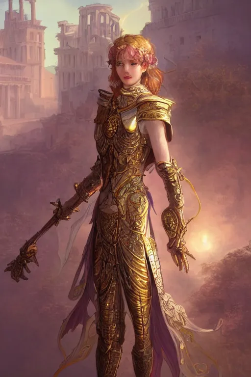 Image similar to portrait knights of Zodiac girl, metalic pink and pale violet reflected armor, in ruined Agora of Athens sunrise, ssci-fi, fantasy, intricate, very very beautiful, elegant, golden light, highly detailed, digital painting, artstation, concept art, smooth, sharp focus, illustration, art by tian zi and WLOP and alphonse mucha